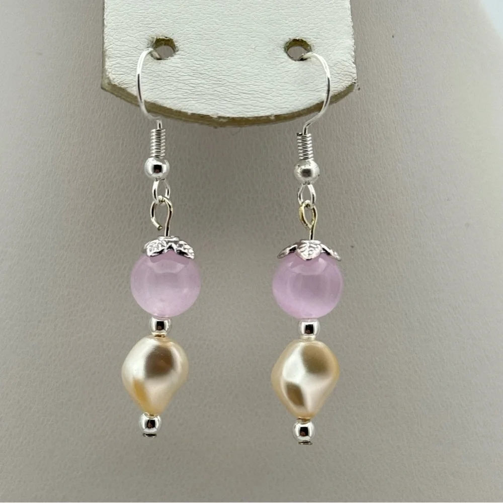 New Selenite & Swarovski Pearl Dangle Earrings Silver Tone Hooks